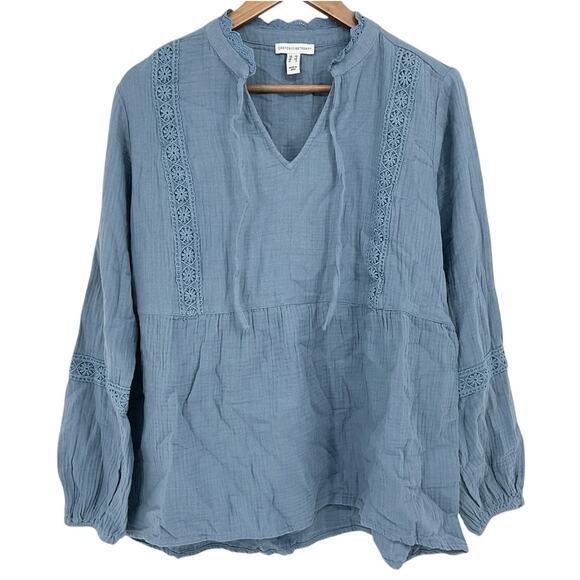 DENIM & CO CANYON RETREAT NWOT Long Sleeve V Neck Lace Trim Top Blue Size XS - Picture 1 of 6